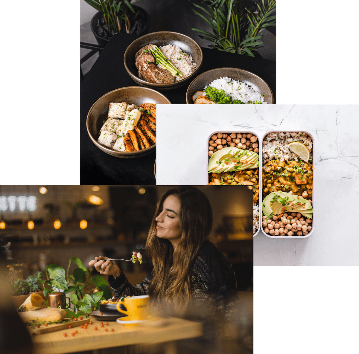 woman enjoying food, meals in storage container, and food bowls on table